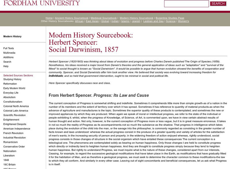 Fordham University: Modern History Sourcebook: Social Darwinism 1857 Website Fordham University: Modern History Sourcebook: Social Darwinism 1857 Website