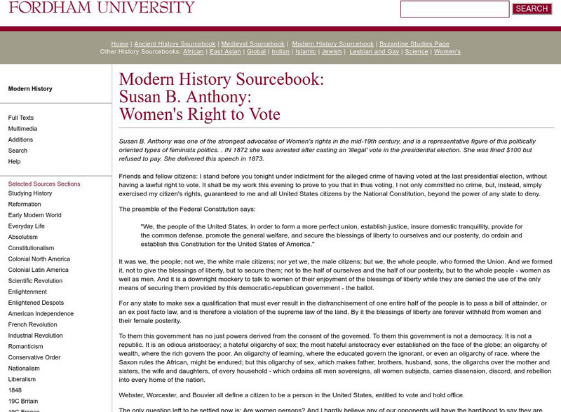 Fordham University: Modern History Sourcebook: Susan B. Anthony Primary Fordham University: Modern History Sourcebook: Susan B. Anthony Primary