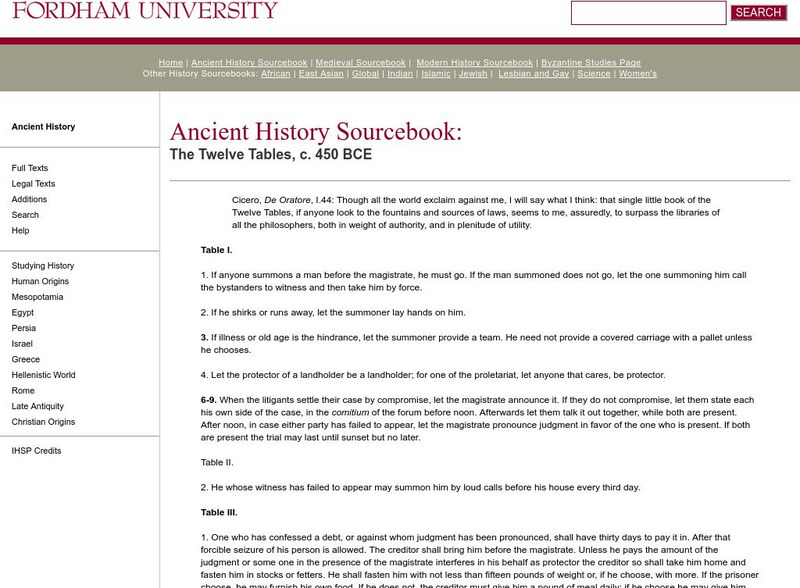 Fordham University: Ancient History Sourcebook: The Twelve Tables, C. 450 Bce Primary Fordham University: Ancient History Sourcebook: The Twelve Tables, C. 450 Bce Primary