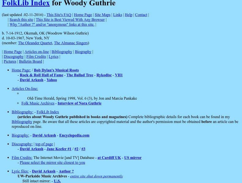 Folk Lib Index for Woody Guthrie Handout Folk Lib Index for Woody Guthrie Handout