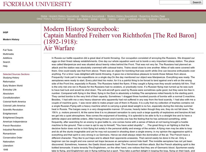 Fordham University: Modern History Sourcebook: The Red Baron, Air Warfare Primary Fordham University: Modern History Sourcebook: The Red Baron, Air Warfare Primary