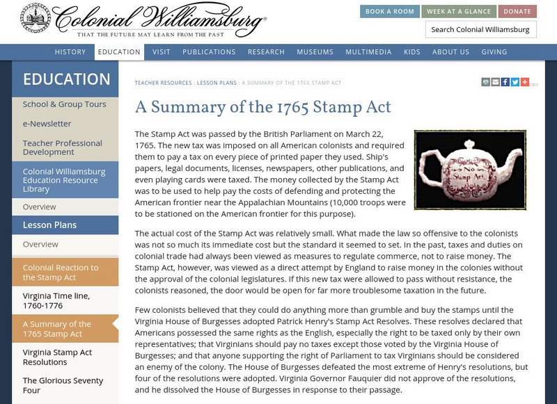 Colonial Williamsburg: A Summary of the 1765 Stamp Act Activity Colonial Williamsburg: A Summary of the 1765 Stamp Act Activity