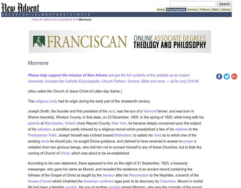 Catholic Encyclopedia: Mormonism Handout Catholic Encyclopedia: Mormonism Handout