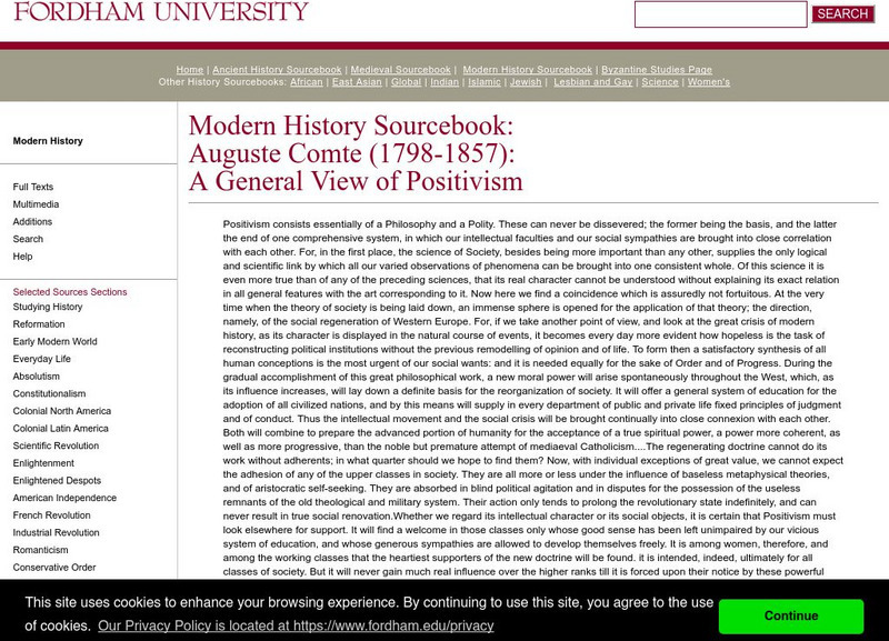 Fordham University: Modern History Sourcebook: General View of Comte's Postivism Handout Fordham University: Modern History Sourcebook: General View of Comte's Postivism Handout