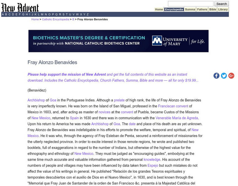 Catholic Encyclopedia: Fray Alonzo Benavides Handout Catholic Encyclopedia: Fray Alonzo Benavides Handout