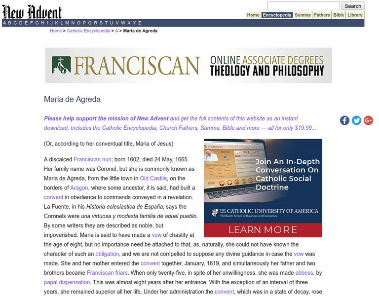 Catholic Encyclopedia: Maria De Agreda Handout Catholic Encyclopedia: Maria De Agreda Handout