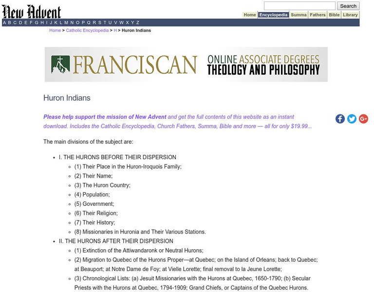 Catholic Encyclopedia: Huron Indians Handout