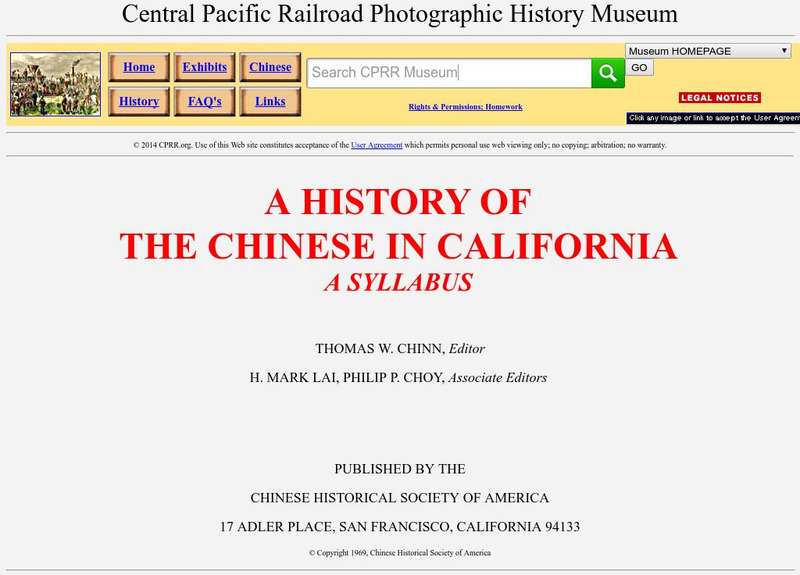 Cprr History Museum: A History of the Chinese in California: A Syllabus Handout Cprr History Museum: A History of the Chinese in California: A Syllabus Handout