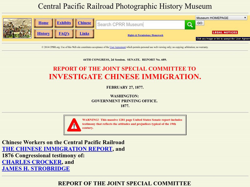 Cprr History Museum: Joint Committee to Investigate Chinese Immigration Primary Cprr History Museum: Joint Committee to Investigate Chinese Immigration Primary