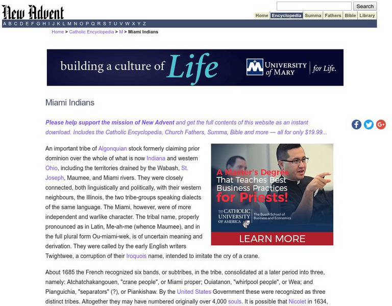 Catholic Encyclopedia: Miami Indians Handout Catholic Encyclopedia: Miami Indians Handout