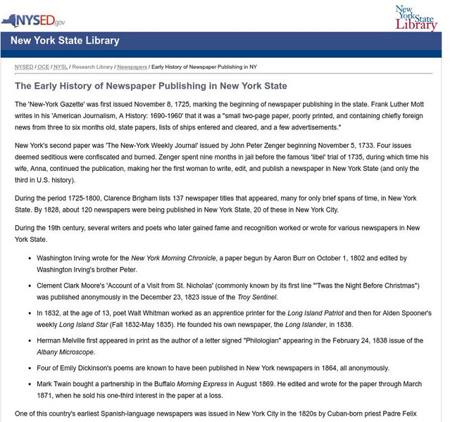 New York State Newspapers:the Early History of Newspaper Publishing in N Y State Handout New York State Newspapers:the Early History of Newspaper Publishing in N Y State Handout