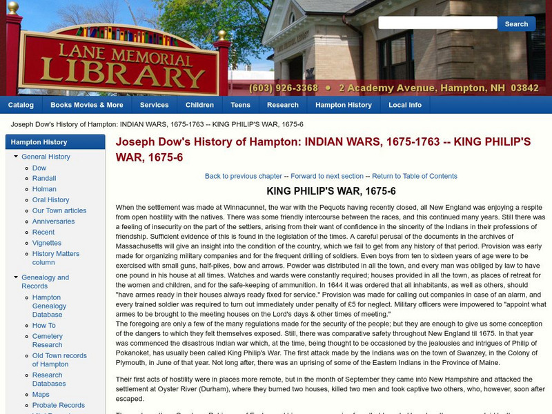 Lane Memorial Library: King Philip's War Website Lane Memorial Library: King Philip's War Website