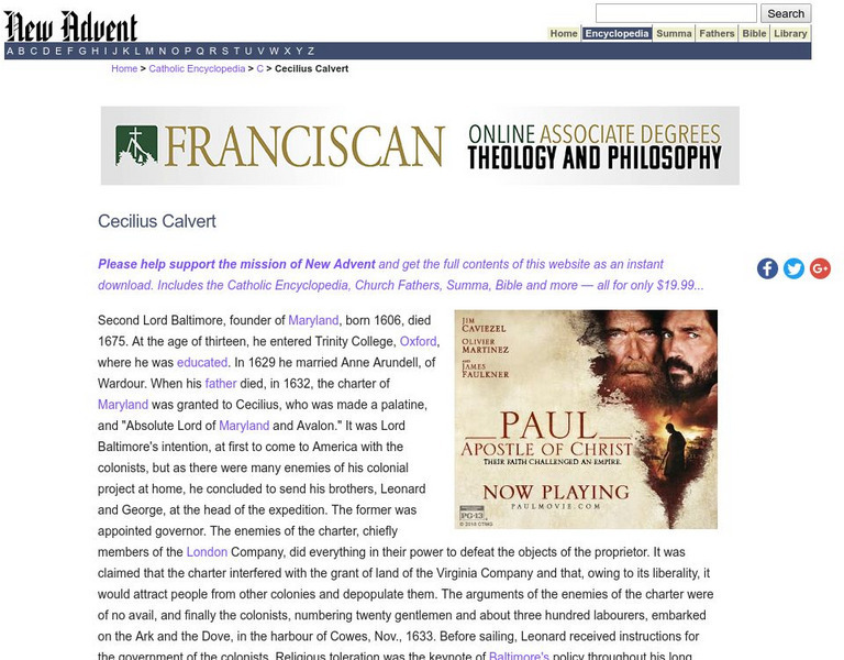 Catholic Encyclopedia: Cecilius Calvert Handout Catholic Encyclopedia: Cecilius Calvert Handout