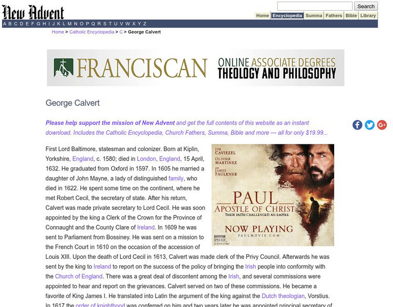 Catholic Encyclopedia: George Calvert Handout Catholic Encyclopedia: George Calvert Handout