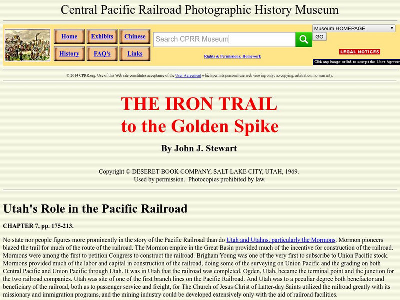 Cprr Photographic History Museum: Utah's Role in the Pacific Railroad Handout Cprr Photographic History Museum: Utah's Role in the Pacific Railroad Handout