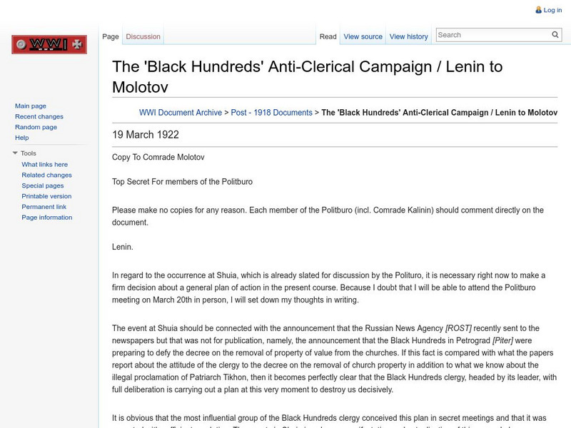 Wwi Document Archive: 'Black Hundreds' Anti Clerical Campaign / Lenin to Molotov Primary