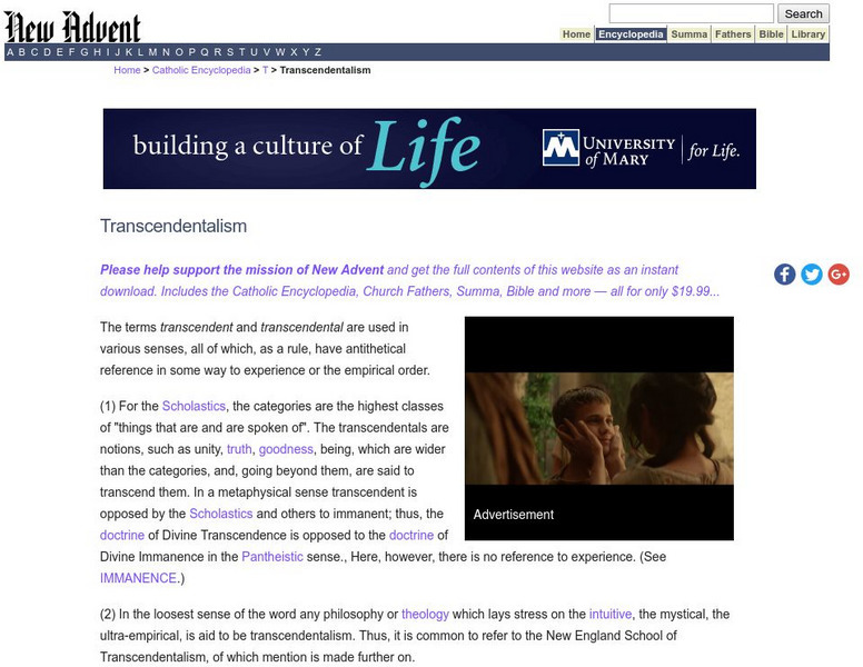 Catholic Encyclopedia: Transcendentalism Handout Catholic Encyclopedia: Transcendentalism Handout