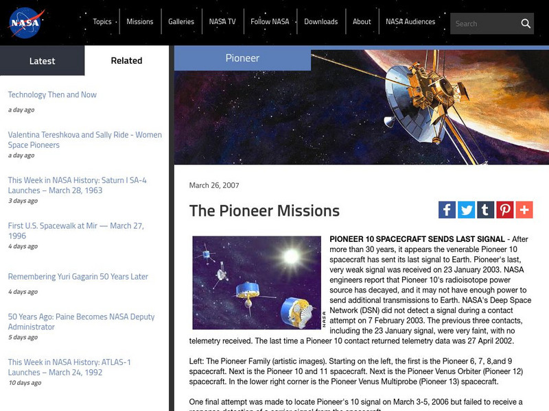 Nasa: Mission Archives: Pioneer Project Website Nasa: Mission Archives: Pioneer Project Website