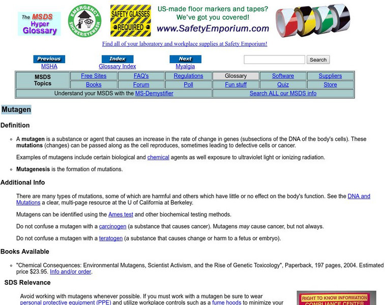 The Msds Hyper Glossary: Mutagen Handout The Msds Hyper Glossary: Mutagen Handout