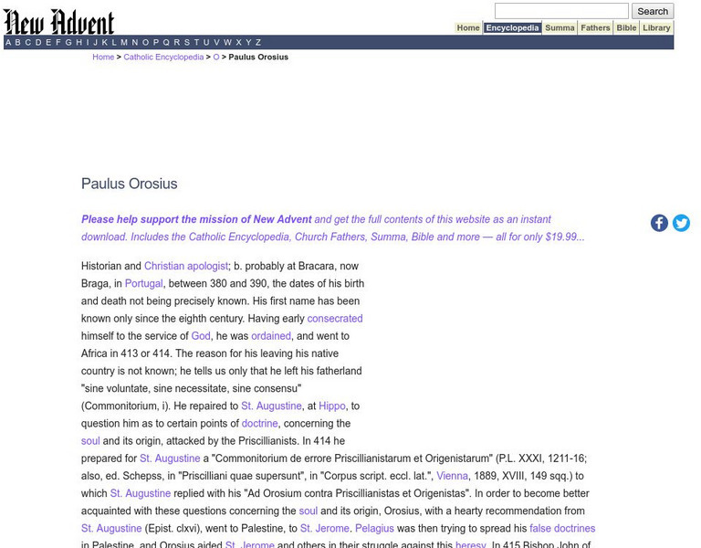 Catholic Encyclopedia: Paulus Orosius Handout Catholic Encyclopedia: Paulus Orosius Handout