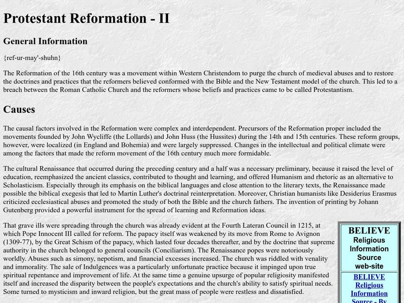 Mb: Protestant Reformation: General Information Handout Mb: Protestant Reformation: General Information Handout