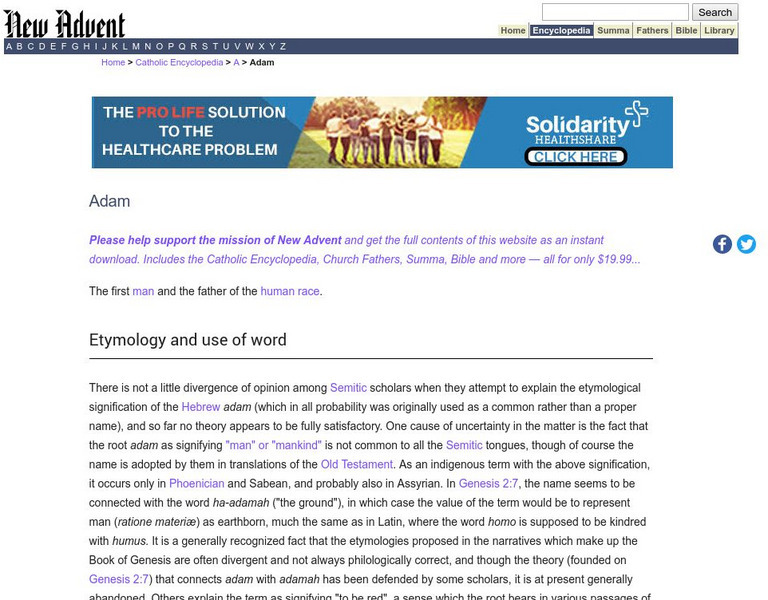 Catholic Encyclopedia: Adam Handout Catholic Encyclopedia: Adam Handout