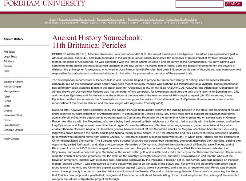 Fordham University: Ancient History Sourcebook: Pericles Handout Fordham University: Ancient History Sourcebook: Pericles Handout