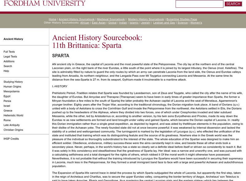 Fordham University: Ancient History Sourcebook: Sparta Handout Fordham University: Ancient History Sourcebook: Sparta Handout