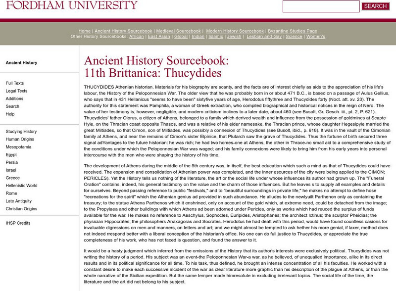 Fordham University: Ancient History Sourcebook: Thucydides Handout Fordham University: Ancient History Sourcebook: Thucydides Handout