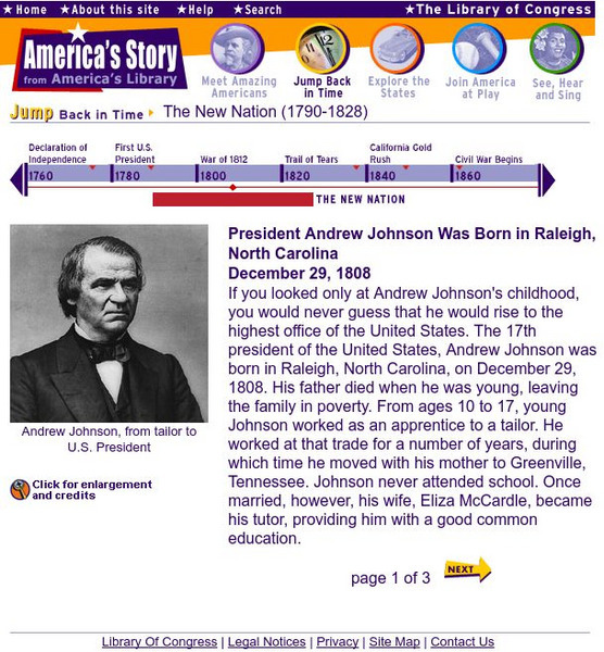 Loc: America's Story: President Andrew Johnson Handout Loc: America's Story: President Andrew Johnson Handout