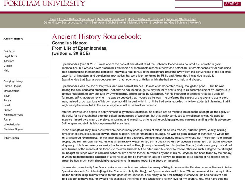 Fordham University: Ancient History Sourcebook: Cornelius Nepos Life of Epaminondas Handout Fordham University: Ancient History Sourcebook: Cornelius Nepos Life of Epaminondas Handout