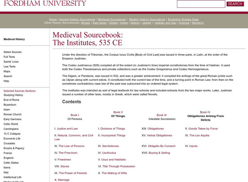 Fordham University: Medieval Sourcebook: Justinian the Institutes 535 Ad Activity