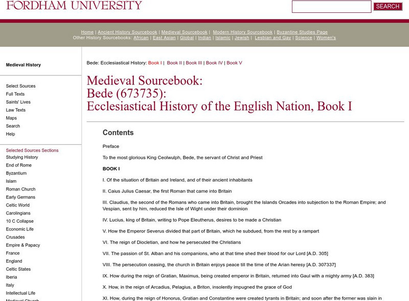 Fordham University: Medieval Sourcebook: Ecclesiastical History of the English Nation Primary Fordham University: Medieval Sourcebook: Ecclesiastical History of the English Nation Primary