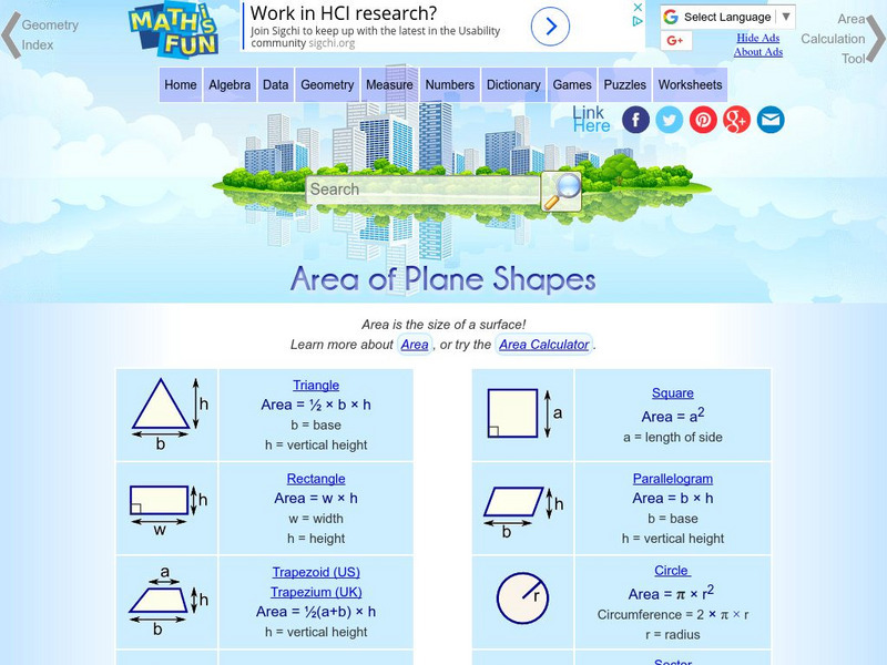 Math Is Fun: Area of Plane Shapes Activity