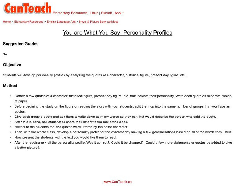 Can Teach: You Are What You Say Personality Profiles Lesson Plan Can Teach: You Are What You Say Personality Profiles Lesson Plan
