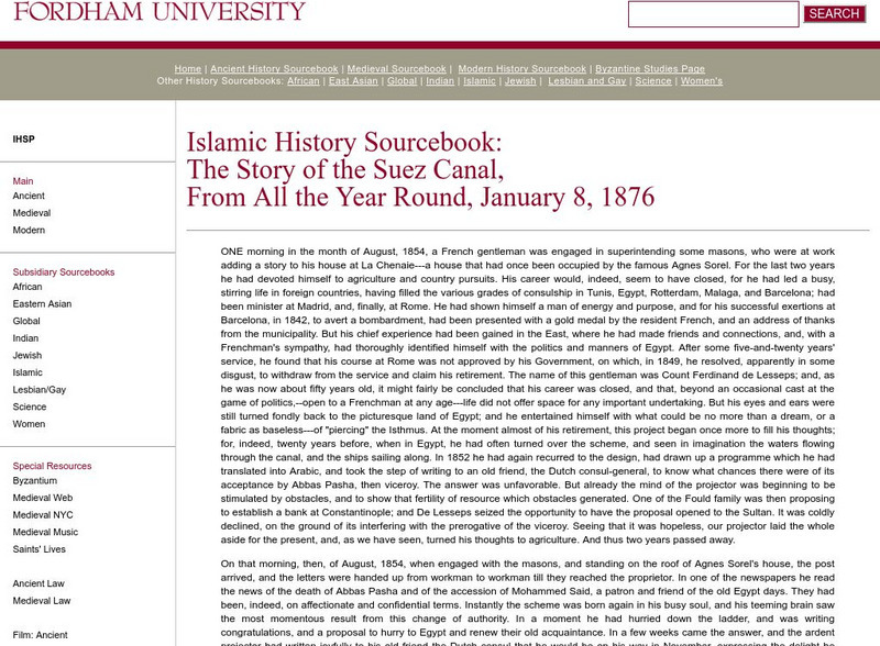 Fordham University: Islamic History Sourcebook: The Story of the Suez Canal Article
