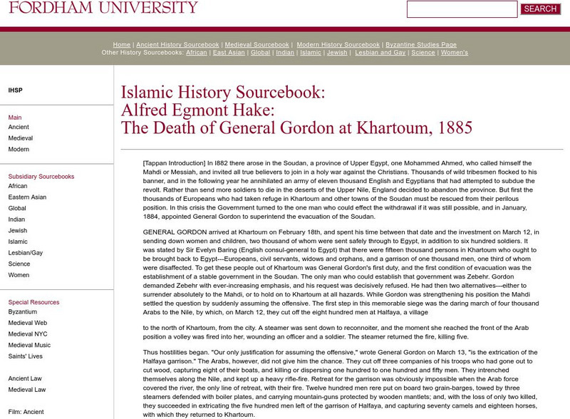 Fordham University: Islamic History Sourcebook: Death of General Gordon Article Fordham University: Islamic History Sourcebook: Death of General Gordon Article
