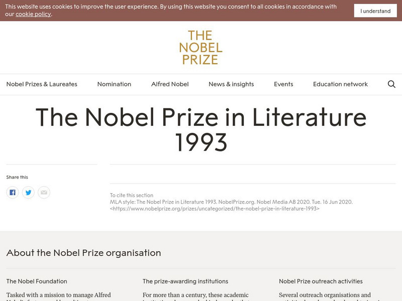The Nobel Prize: The Nobel Prize in Literature 1993 Website The Nobel Prize: The Nobel Prize in Literature 1993 Website