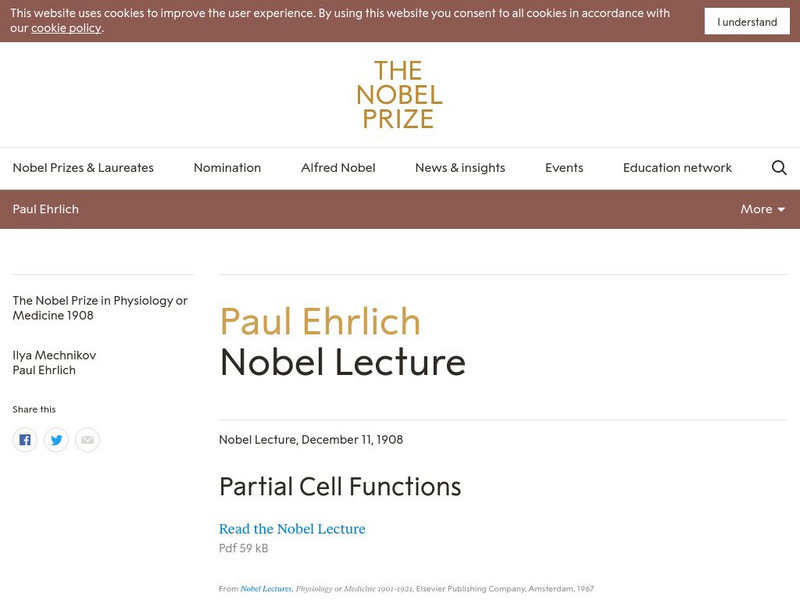 The Nobel Prize: Paul Ehrlich Nobel Lecture: Partical Cell Functions Primary