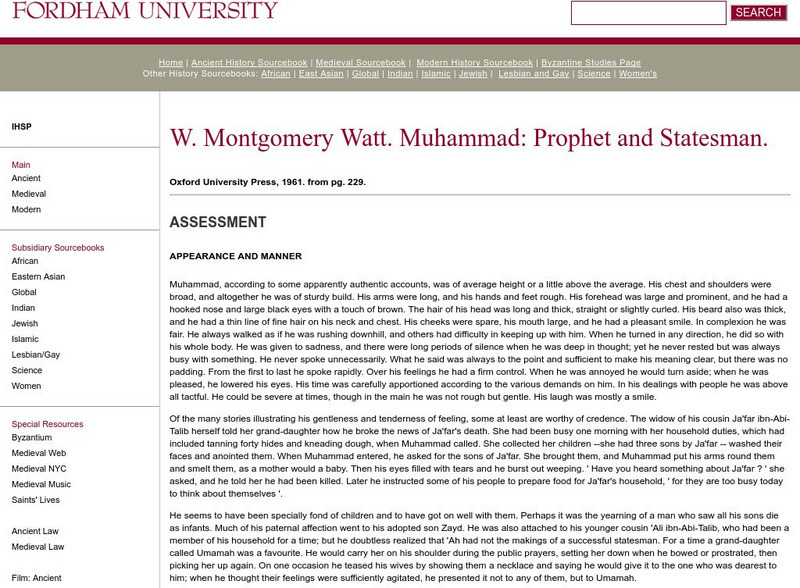 Fordham University: Medieval Sourcebook: Muhammad an Assessment Handout Fordham University: Medieval Sourcebook: Muhammad an Assessment Handout