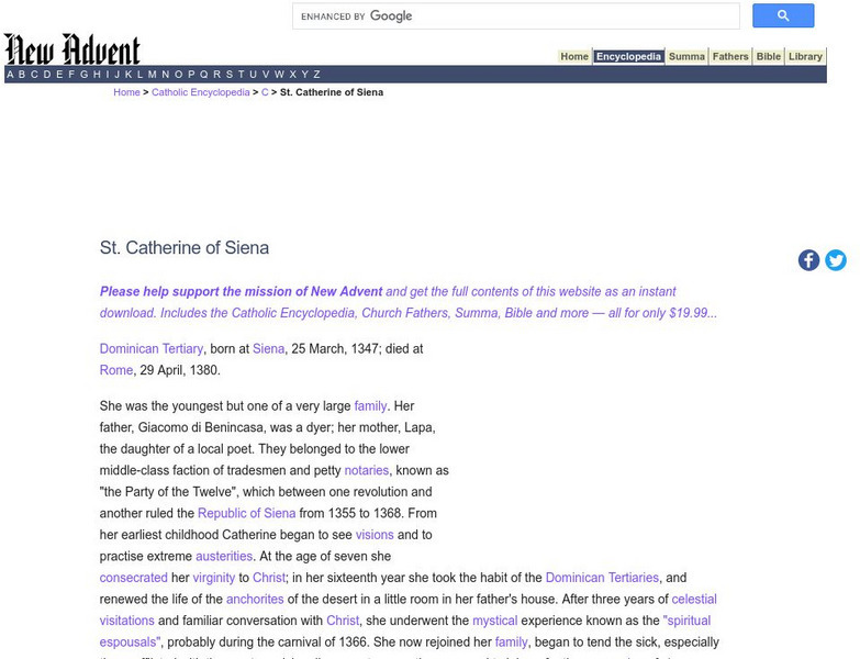 Catholic Encyclopedia: St. Catherine of Siena Handout Catholic Encyclopedia: St. Catherine of Siena Handout