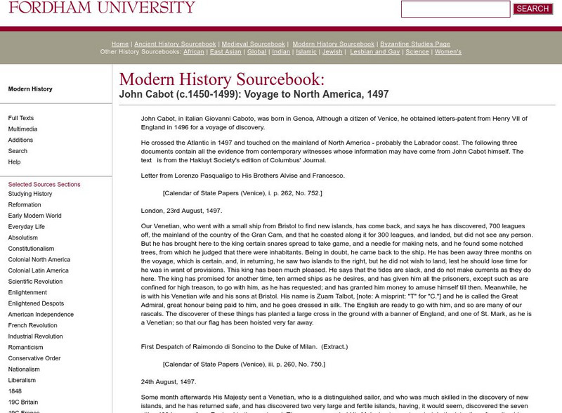 Fordham University: Modern History Sourcebook: John Cabot: Voyage to North America, 1497 Handout Fordham University: Modern History Sourcebook: John Cabot: Voyage to North America, 1497 Handout
