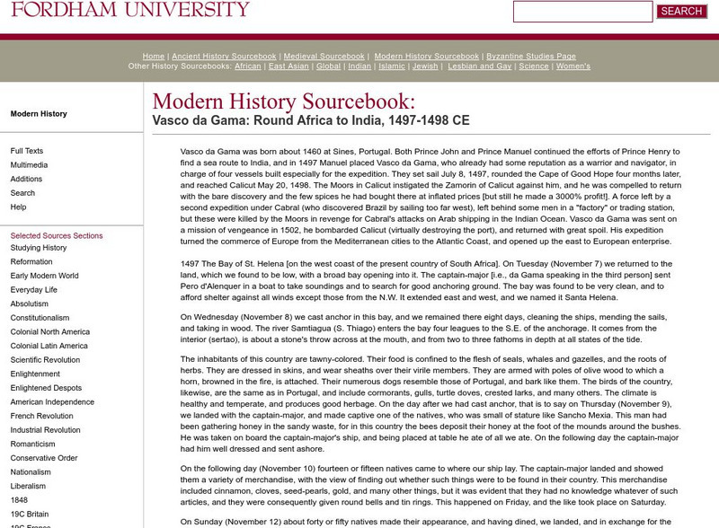 Fordham University: Modern History Sourcebook: Vasco Da Gama Primary Fordham University: Modern History Sourcebook: Vasco Da Gama Primary