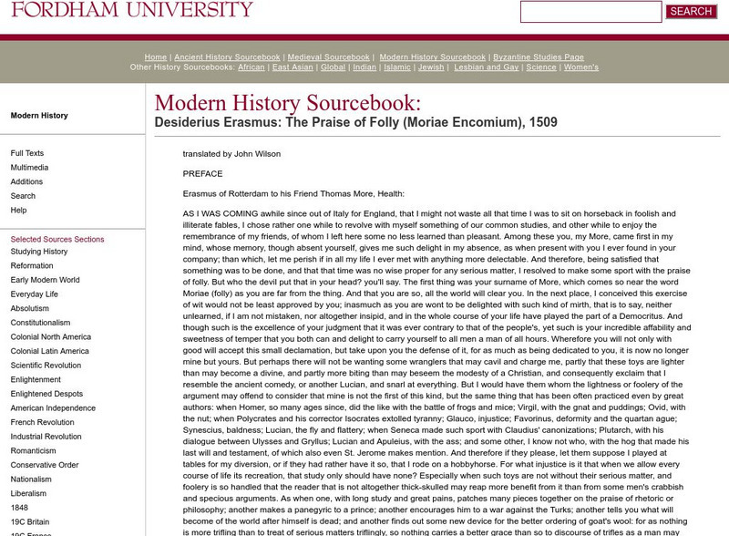 Fordham University: Modern History Sourcebook: The Praise of Folly Primary