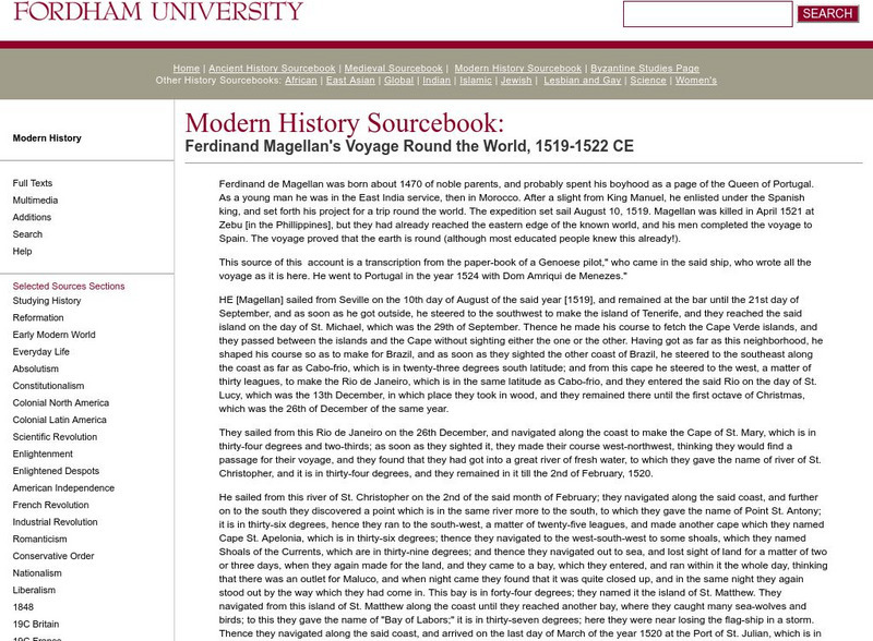 Fordham University: Modern History Sourcebook: Ferdinand Magellan's Voyage Round the World Handout Fordham University: Modern History Sourcebook: Ferdinand Magellan's Voyage Round the World Handout