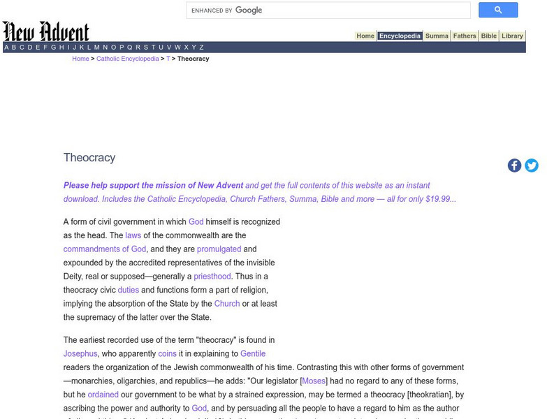 Catholic Encyclopedia: Theocracy Handout Catholic Encyclopedia: Theocracy Handout