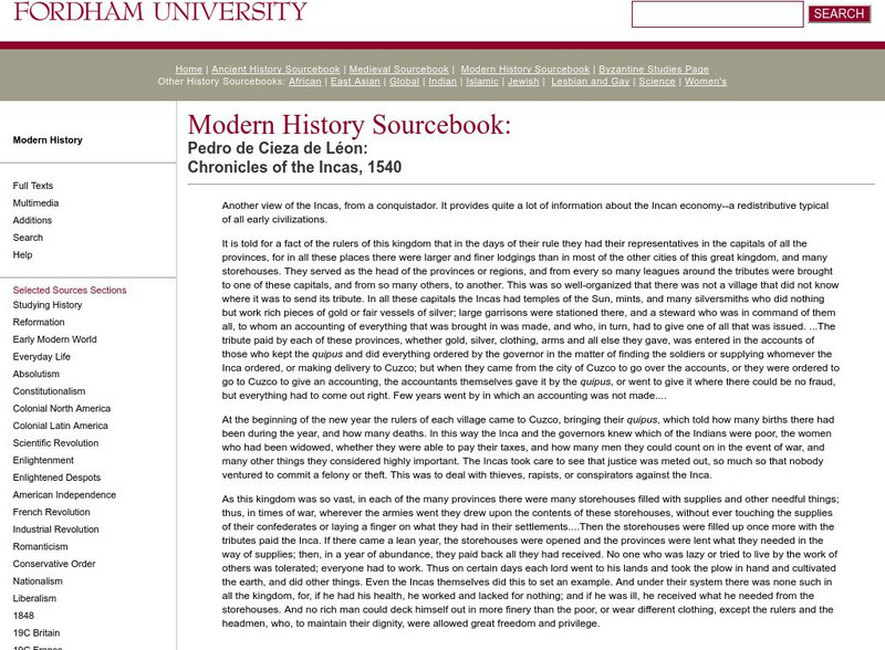 Fordham University: Modern History Sourcebook: Chronicles of the Incas, 1540 Handout Fordham University: Modern History Sourcebook: Chronicles of the Incas, 1540 Handout