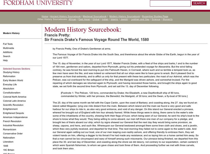 Fordham University: Modern History Sourcebook: Sir Francis Drake's Voyage Round the World Handout Fordham University: Modern History Sourcebook: Sir Francis Drake's Voyage Round the World Handout