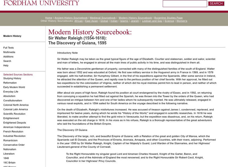Fordham University: Modern History Sourcebook: Sir Walter Raleigh/guiana Handout Fordham University: Modern History Sourcebook: Sir Walter Raleigh/guiana Handout