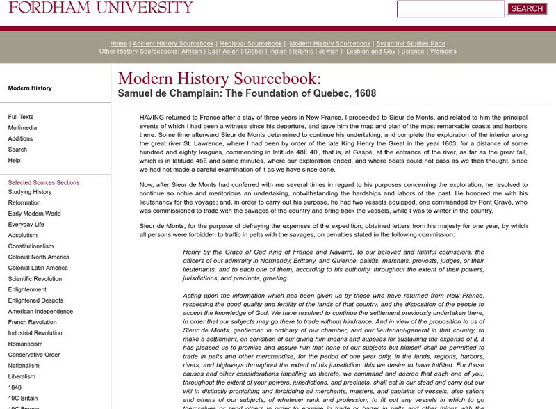 Fordham University: Modern History Sourcebook: Samuel De Champlain Primary Fordham University: Modern History Sourcebook: Samuel De Champlain Primary
